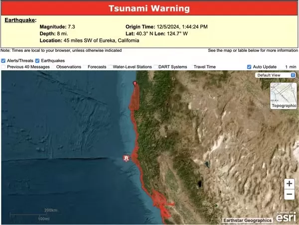 Alerta de tsunami é emitido para áreas da Califórnia e do Oregon, em 5 de dezembro de 2024 — Foto: Reprodução