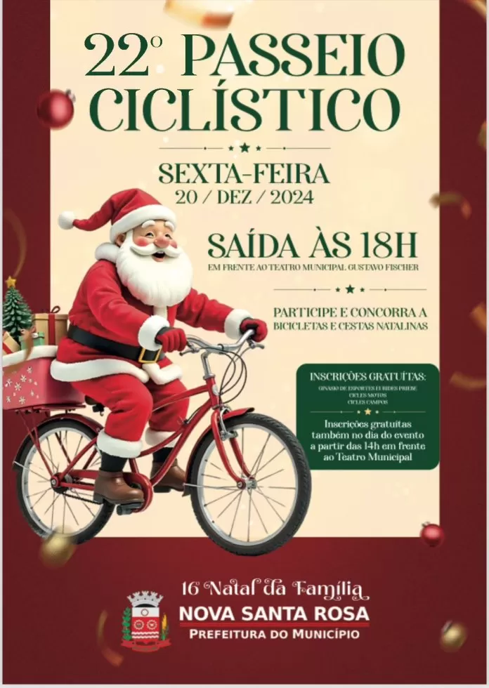 22º Passeio Ciclístico acontece nesta sexta-feira (20/12). Inscrições a partir das 14h em frente ao Teatro Municipal