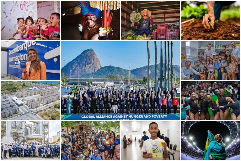 Mosaico dos impactos da presença das políticas federais país afora. Fotos: Ricardo Stuckert / PR, COB, CPB, Min. Cidades, Min. Turismo, Getty Images, Estevam Costa / PR