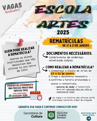 Escola de Artes rondonense define período de rematrículas e matrículas para 2025