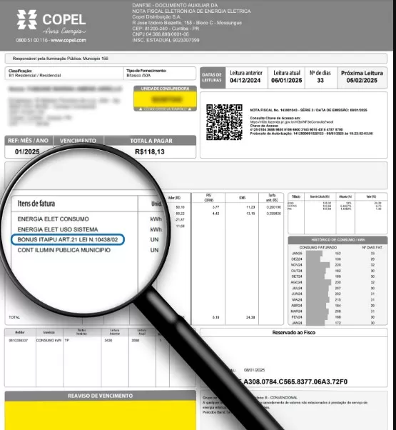 Arte mostra “bônus Itaipu” discriminado em conta de Luz no Paraná.