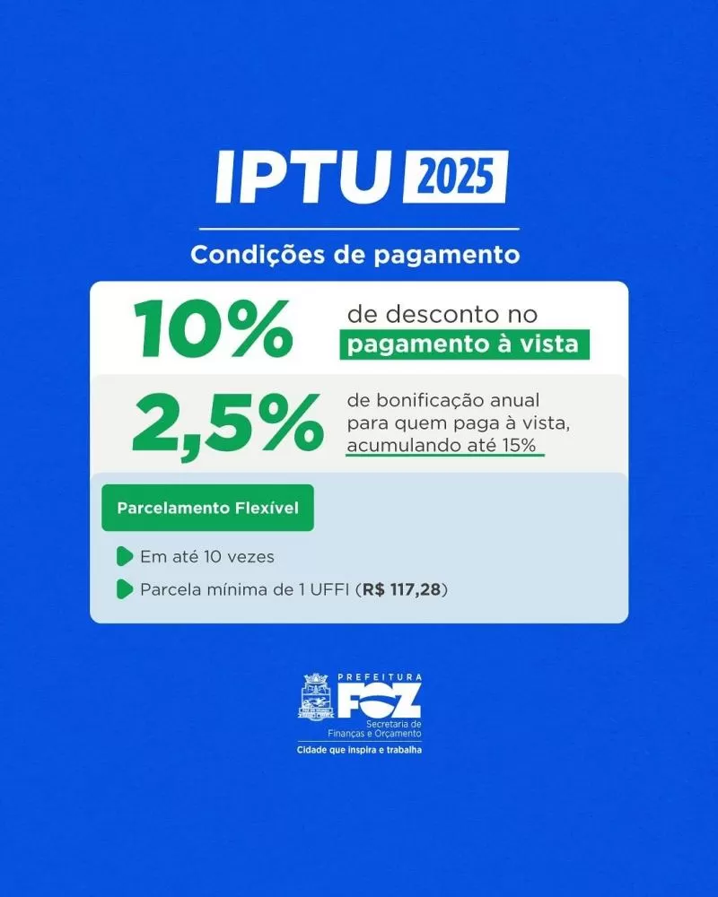 Pagamento à vista e primeira parcela do IPTU 2025 e ISSQN Fixo vencem em 17 de março