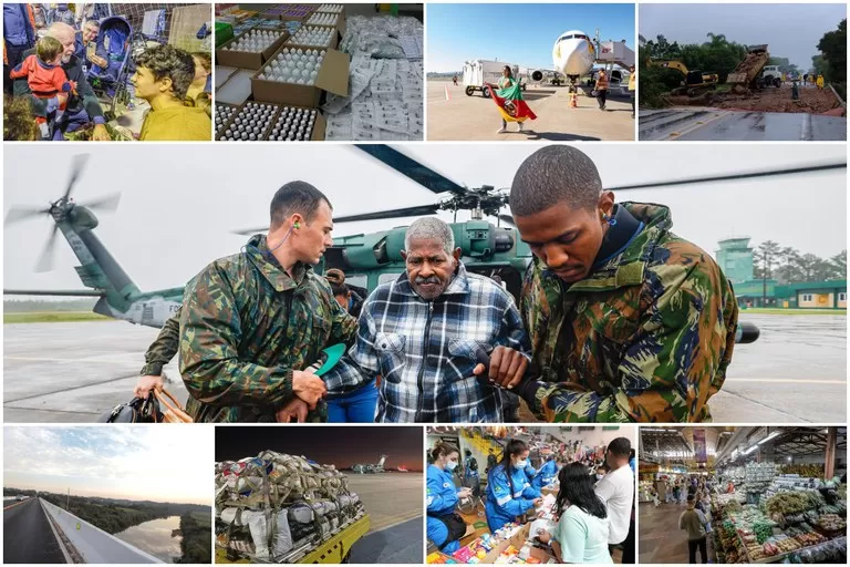 Resgate, cuidados, investimentos e retomada econômica. Um mosaico com algumas das ações com participação do Governo Federal que auxiliaram o Rio Grande do Sul a se reconstruir depois das enchentes de 2024. Fotos: Ricardo Stuckert / PR, Min. Saúde, Min. Tr