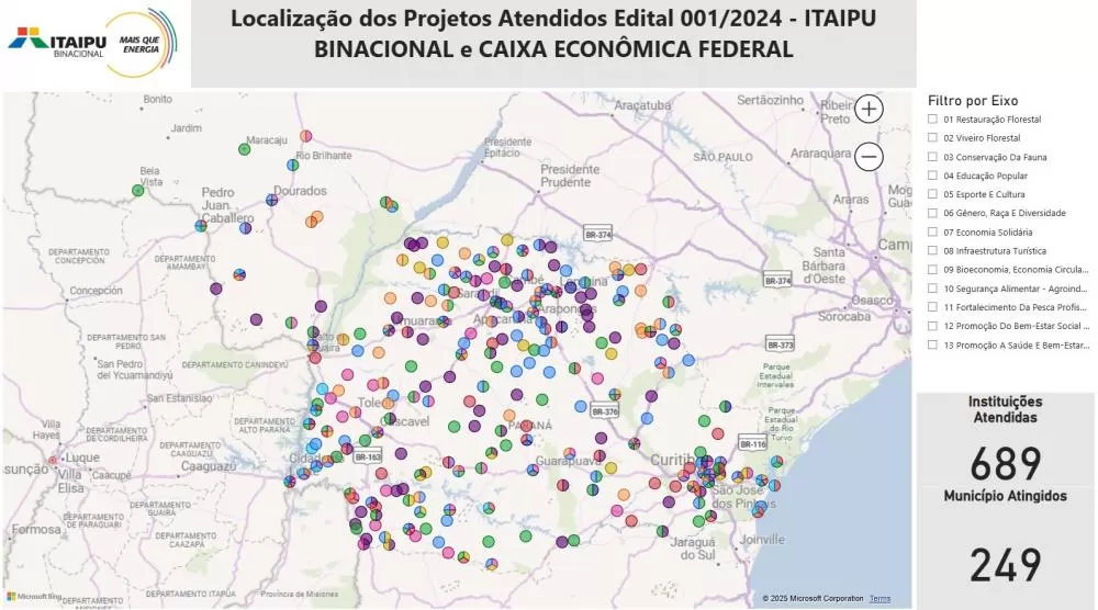 Captura de tela mostra os municípios com projetos atendidos. Crédito: Divulgação/Itaipu Binacional