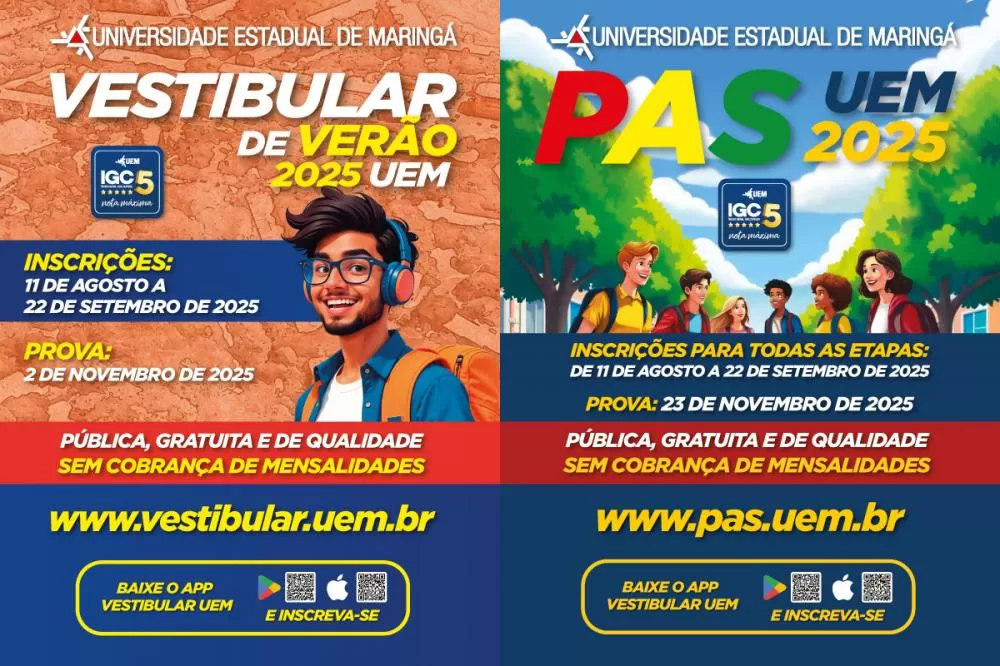 Com 1,5 mil vagas, UEM divulga os editais do Vestibular de Verão e PAS 2025 Foto: UEM