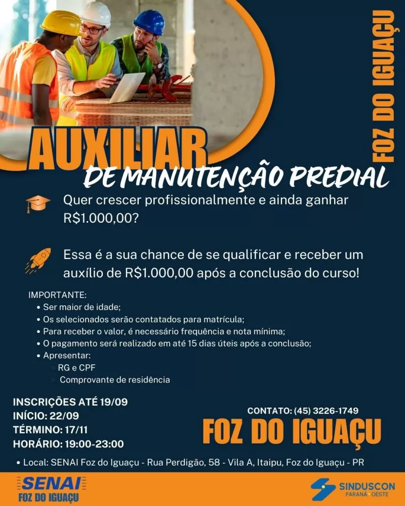 Agência do Trabalhador divulga curso de auxiliar de manutenção predial do Senai