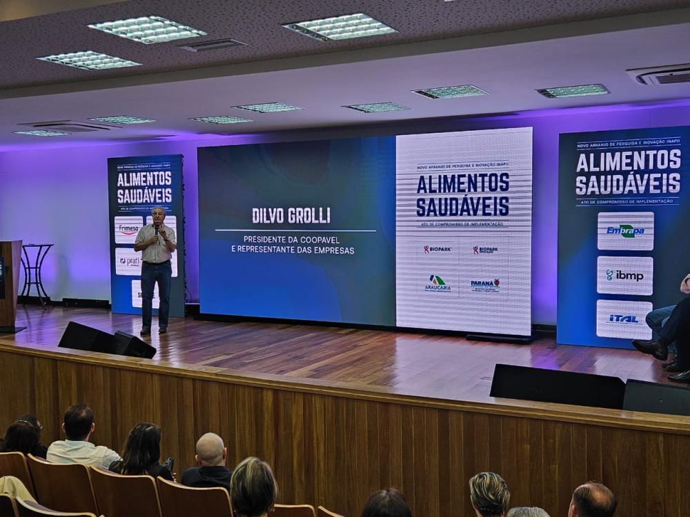 No Biopark, em Toledo, Dilvo fala sobre DNA de inovação e de sustentabilidade da Coopavel Crédito: Assessoria