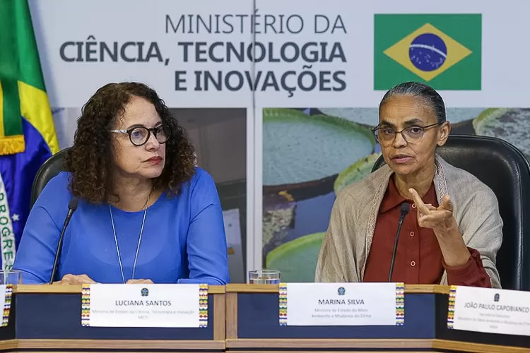 As ministras Marina Silva e Luciana Santos (MCTI) em entrevista coletiva para divulgação de dados do Inpe Foto: MMA
