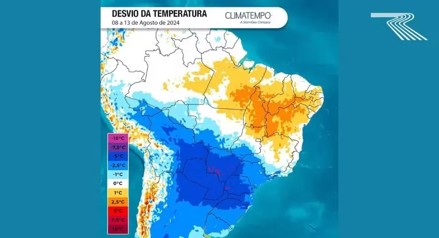 Desvio de temperatura entre os dias 8 e 13 de agosto indicam frio intenso na metade sul do Brasil — Foto: Climatempo
