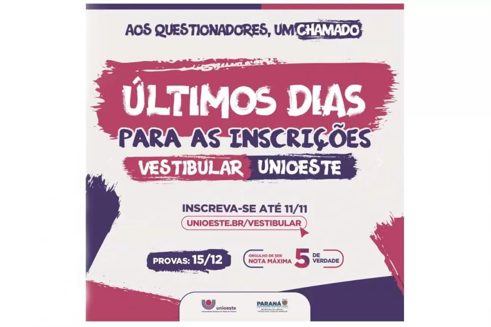 Inscrições para o Vestibular Unioeste 2025 encerram no próximo dia 11 de novembro Foto: Unioeste