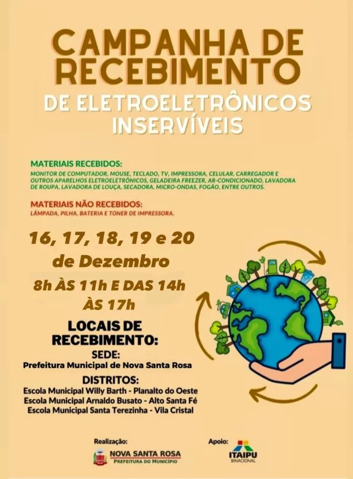 Campanha de lixo eletroeletrônico será feita entre os dias 16 a 20 de dezembro em Nova Santa Rosa